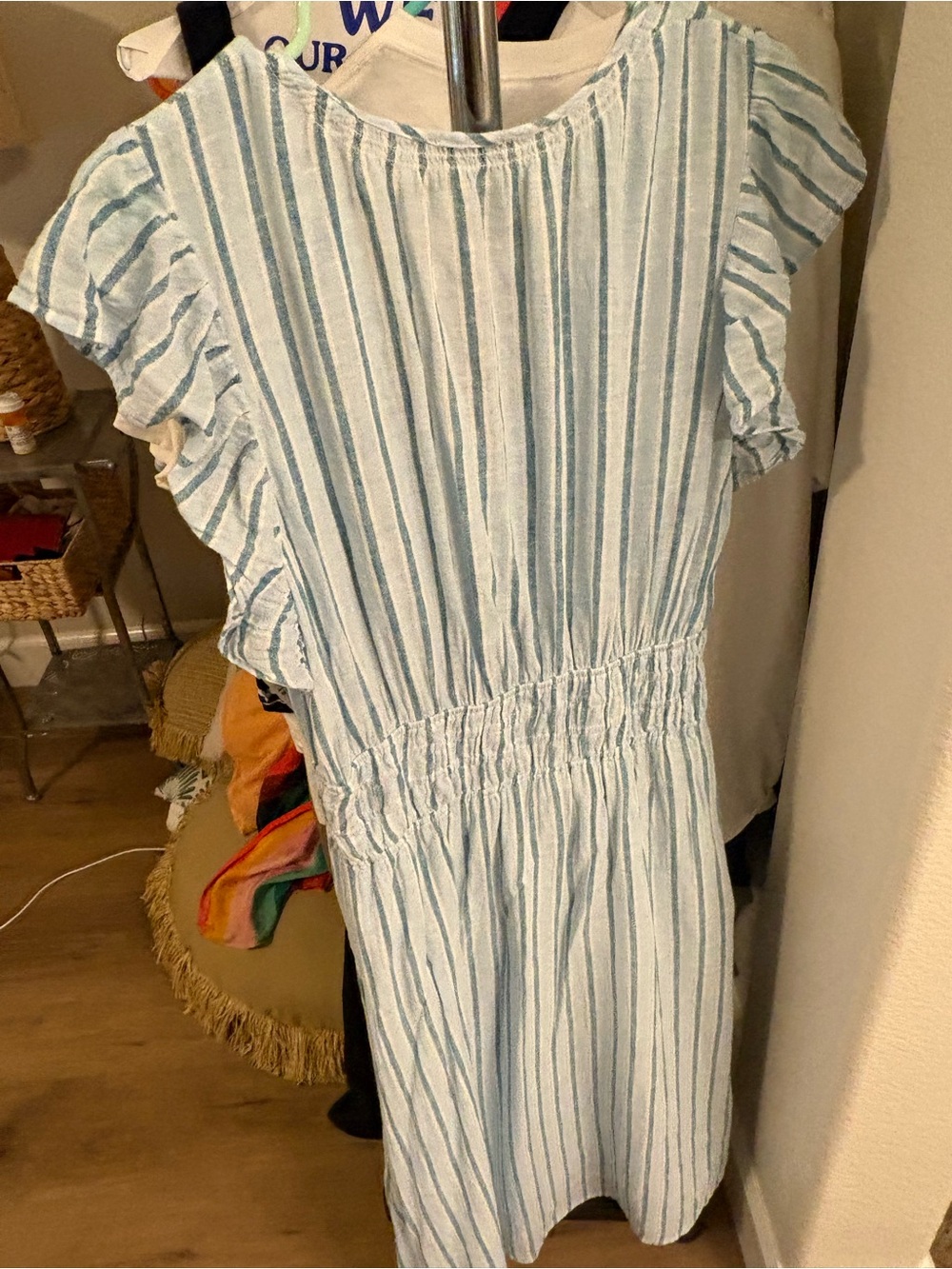 Rails Iona Smocked Waist Midi Dress (L, Cambria Stripe Blue) 100% linen. - Picture 5 of 6